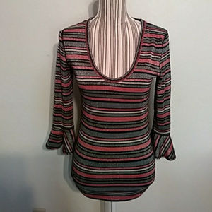 Free People Metallic Bell Sleeve U Neck Top Sz M